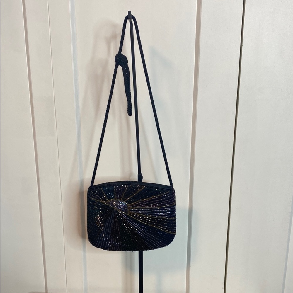 Vintage Style Beaded Black, Blue, Purple Women's Cross body Bag - beaded on bot